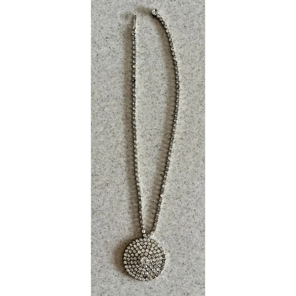 Vintage Silver-Tone Circle Rhinestone Necklace w/ Rhinestone Chain